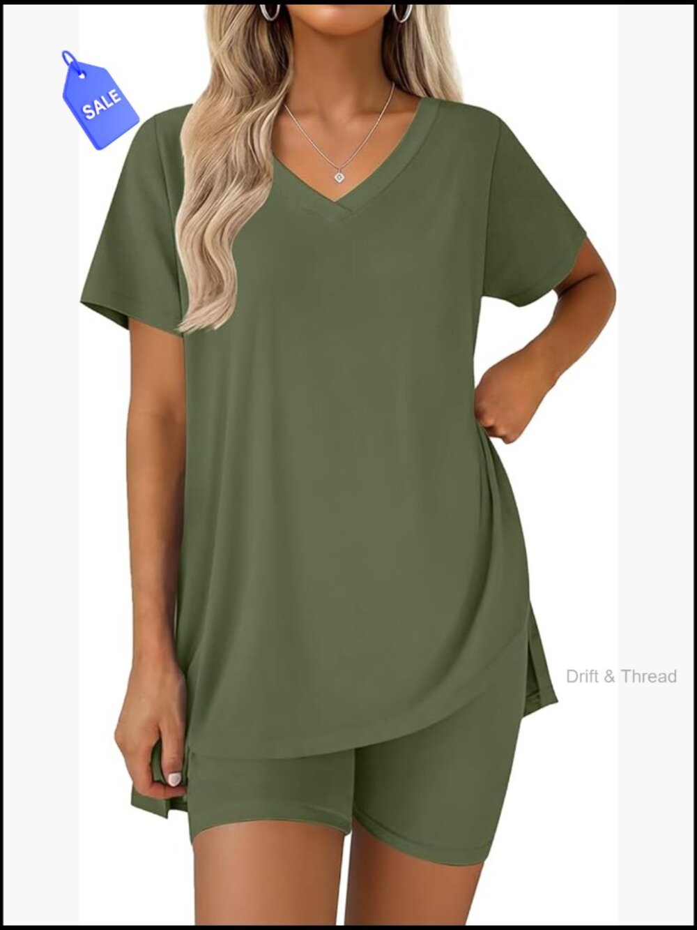 Large 2-Piece Pajama Set, V-Neck Top with Biker Shorts, Lightweight Lounge Wear